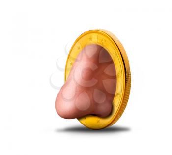 Human nose in the coin isolated on white