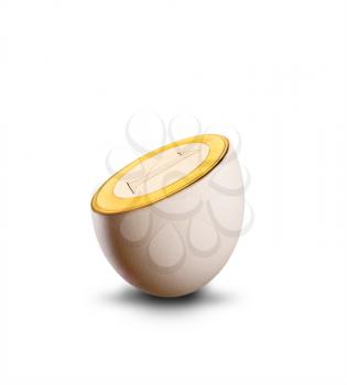 Golgen coin in the egg isolated on white