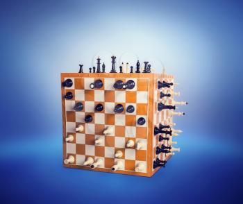 Tree dimensional chess cube: figures sticked to the chess board over blue background