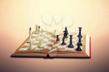 Chess figures standing in the opened book