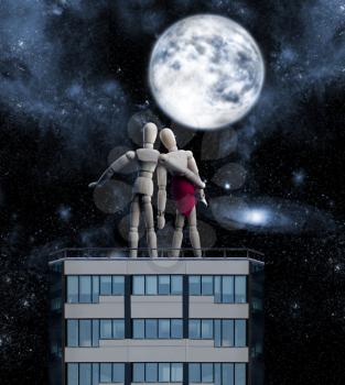 Couple of wooden figures on the top of the building hugging looking at the night sky
