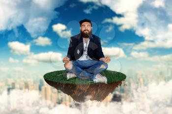 Homeless is meditating on flying island in the sky