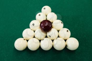 Top view of cue balls on the green table