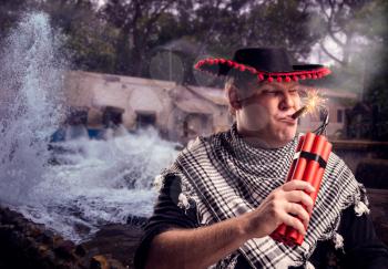 Man in sombrero firing dynamite with a cigar over water background