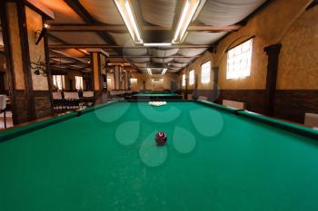 Billiard table with balls prepared for play