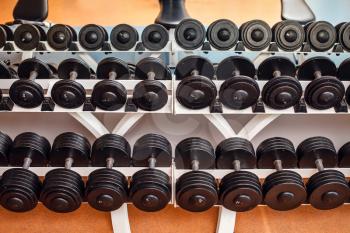 Set of dumbbells on the stand in the gym