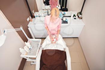 Beautician applies facial cream mask on young womans face skin. Cosmetic therapy in spa salon. Mask for facial skin care.