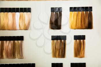 Palette of different colors to hair dye at hairdressing salon.