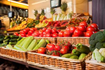 Greengrocery with fresh fruits and vegetables. Organic food. Agricultural market
