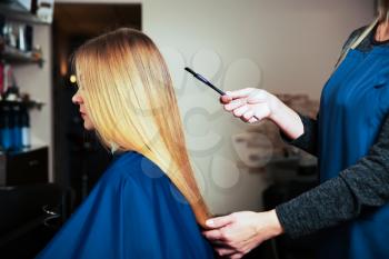 Professional hairdresser with brush in hand behind young female in hairdressing salon.
