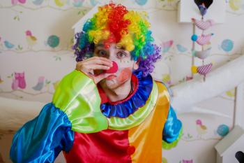 Funny clown with colorful hairstyle pushes himself on the red nose. Blur background