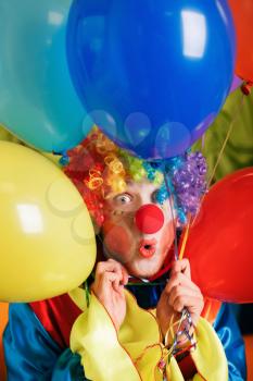 Smiling clown with a bunch of colorful air balloons