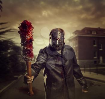 Horror of bloody murders. Psycho murderer in hockey mask holding bloody baseball-bat in hand. 