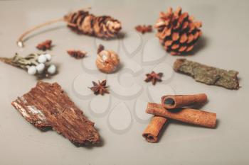 Florist decoration elements set on the table. Dry pine cones, branches, bark on the table.