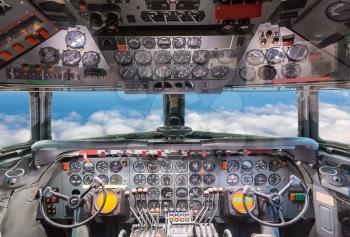 Airplane cockpit view. Aircraft interior