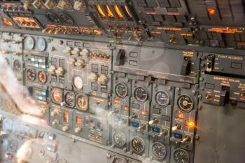 Avionics dashboard inside plane of airplane.