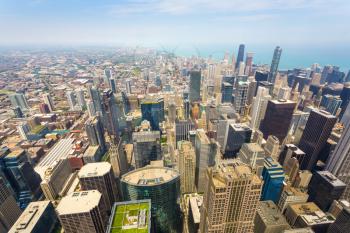 Aerial view of Chicago downtown at foggy day from high above, Illinois USA.