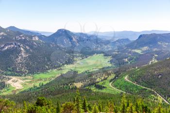 Landscape of valley with evergreen mountains at Estes Park, Colorado US 