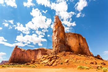 Desert, sandstone mountains and cloudy sky landscape at Monument Valley National Tribal Park, Navajo, Utah USA