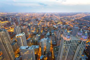 Aerial view of Chicago downtown at sunset from high above, Illinois USA.