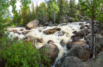 Panoramic view of stormy mountain river at Estes Park, Colorado US