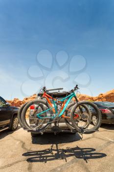 Bikes loaded on the back of a car. Active sport concept.