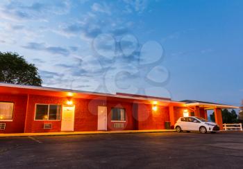 Sunset in touristic motel. USA car traveling