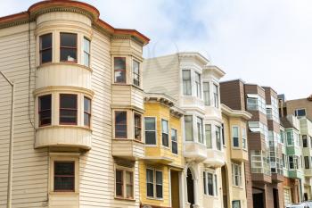 San Francisco architecture, wooden houses on hill. San Francisco cityscape