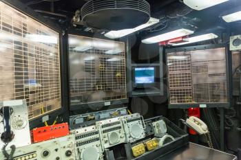 Capitan's brige control panel on military ship in uss midway museum