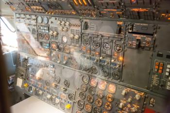 Avionics dashboard inside plane of airplane.