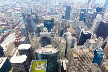 Aerial view of Chicago downtown at foggy day from high above, Illinois USA.