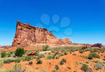 Rocks with blue sky landscape at sunny day in Arches National Park in Utah.
