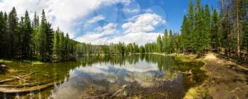 Evergreen woods around lake of Estes Park panorama, Colorado USA