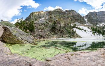 Mirror mountains in lake landscape panoramic view, Estes Park, Colorado US