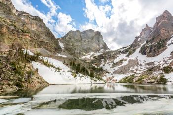 Mirror snowy mountains in lake landscape, Estes Park, Colorado US