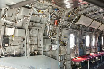 Inside military helicopter. Museum exhibition on aircraft carrier.