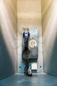 Military ship telephone communication. Retro phone on aircraft carrier