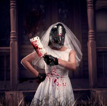  Bride maniac in hockey mask with bloody meat cleaver. Abandoned house on background