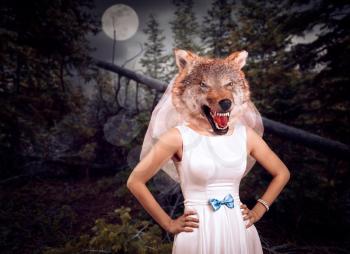 Bride with wolf head in the night wood against the moon