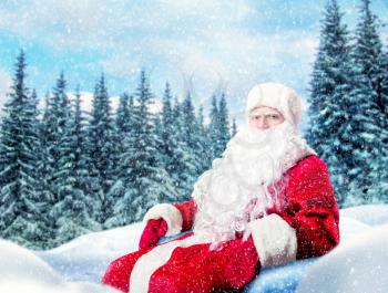 Bearded Santa Claus in a red costume, winter snowy pine forest on background