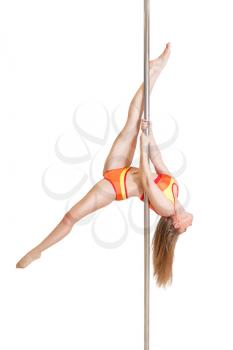 Slim sexy pole dance woman upside down against white background