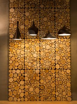 Wood slice decoration wall panels. Wooden cut rings, interior decor. Natural texture