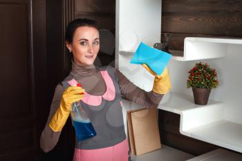 Young woman in uniform with washing sponge and cleaning agent. Housekeeping concept