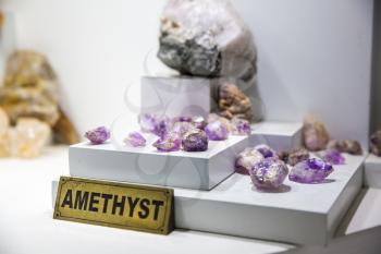 Amethyst gemstone, exhibition of jewelry on Ceylon. Sri Lanka jewels beauty