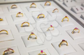 Gemstone decorated golden rings collection, Ceylon treasures. Sri Lanka precious jewels