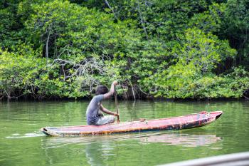 Man in the boat floating on river in tropical jungle, Ceylon. Sri Lanka landscape
