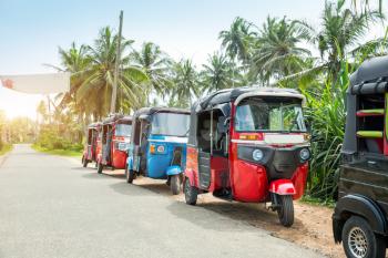 Tuktuk taxi on road of Sri Lanka, ceylon travel car. Ceylon tropical forest and traditional tourist transport