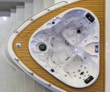 Jacuzzi top view, hot tub, luxury bath, nobody. Comfortable bathtub with hydrotherapy