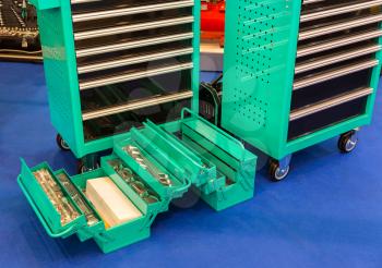 Toolboxes with mechanical tools for auto service, car repair or garage. Workshop equipment
