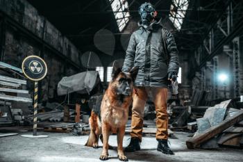 Stalker soldier in gas mask and dog in radioactive zone, friends in post apocalyptic world. Post-apocalypse lifestyle on ruins, doomsday, judgment day 